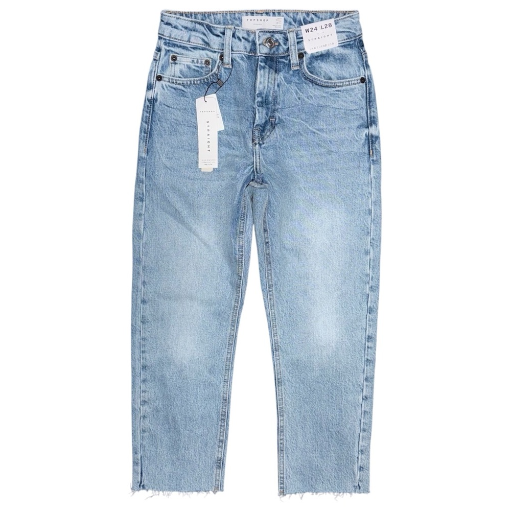 NWT Topshop High Waisted Straight Leg Jeans Raw Hem Petite Womens 24 Light Denim